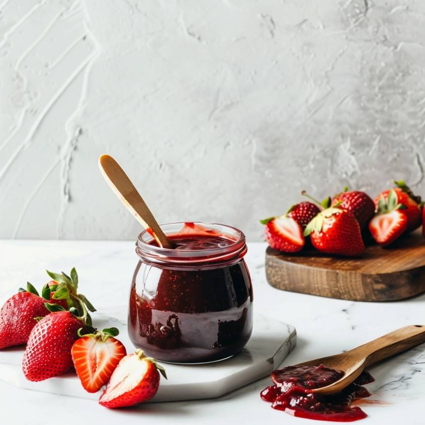 Dunkelrote Erdbeermarmelade mit Johannisbeersaft