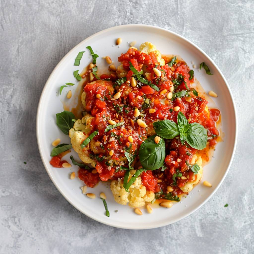 Würziger Karfiol mit Kräuter-Tomatensauce und Pinienkernen Würziger Karfiol mit Kräuter-Tomatensauce und Pinienkernen