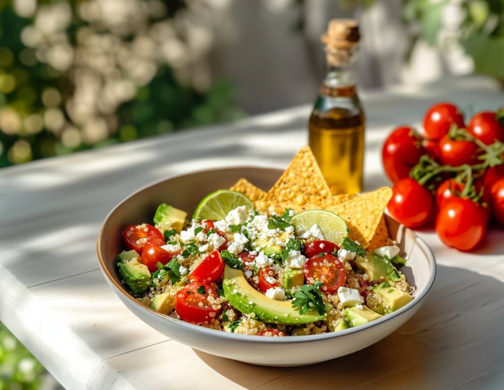 Quinoa-Avocado-Salat mit Nachos und Feta Quinoa-Avocado-Salat mit Nachos und Feta